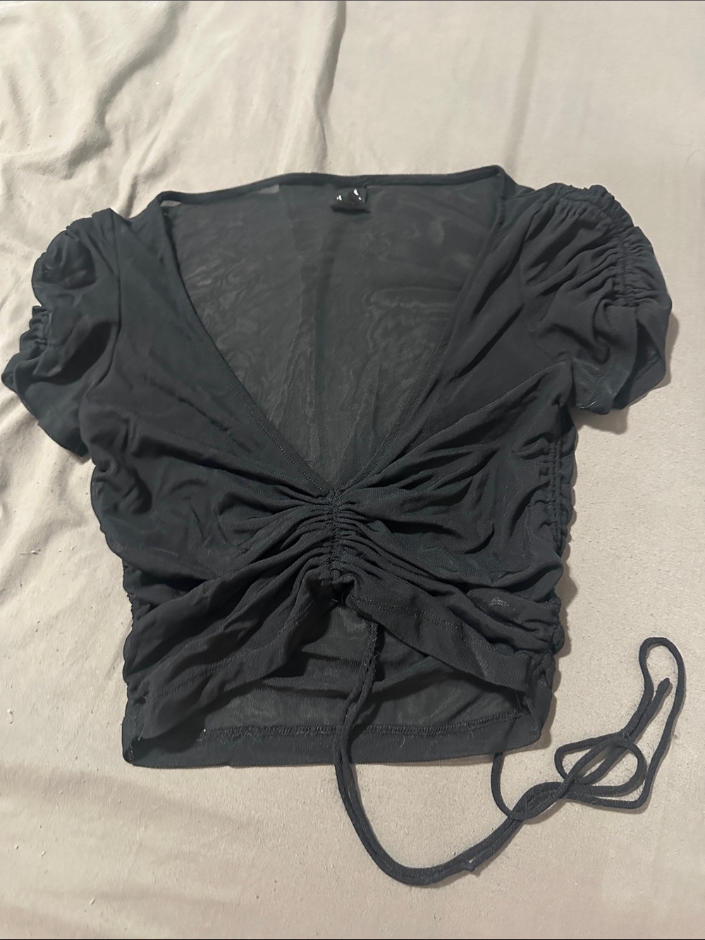 Black mesh Ruched Drawstring V-Neck Crop Top